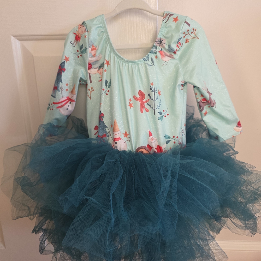 Girls Teal Tulle Tutu Dress with Holiday Print -